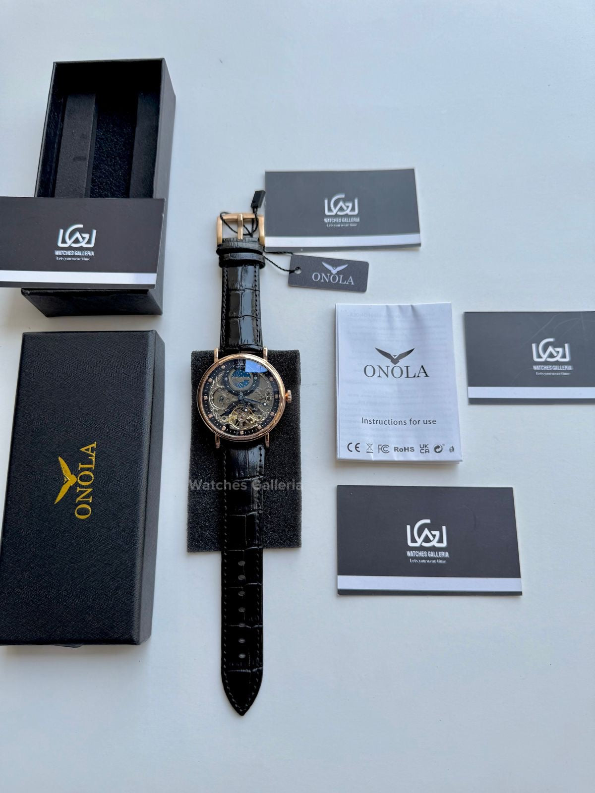 Onola Moonphase Flywheel Skeleton Watch Automatic (Black-Rose Gold) ON6836 Watches Galleria