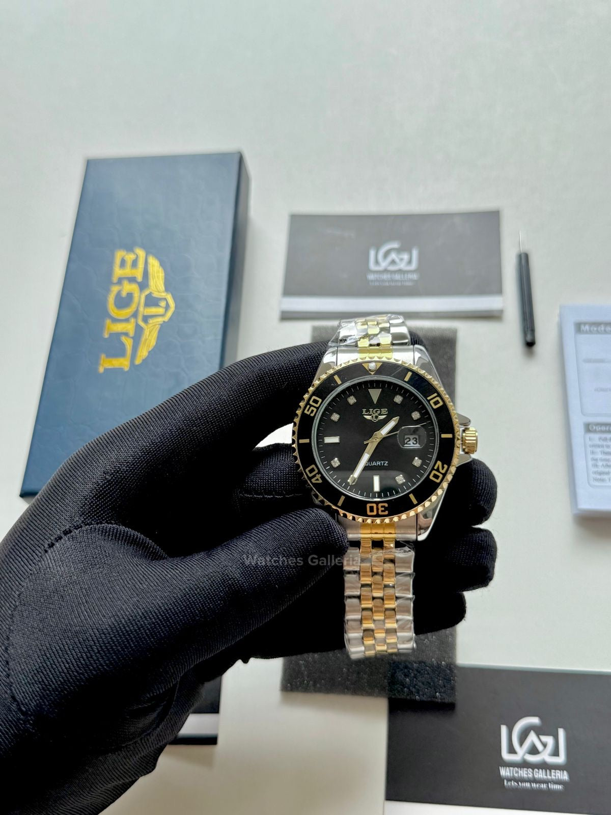 Lige Submariner Quartz (Gold/Black) Lige89151 Watches Galleria