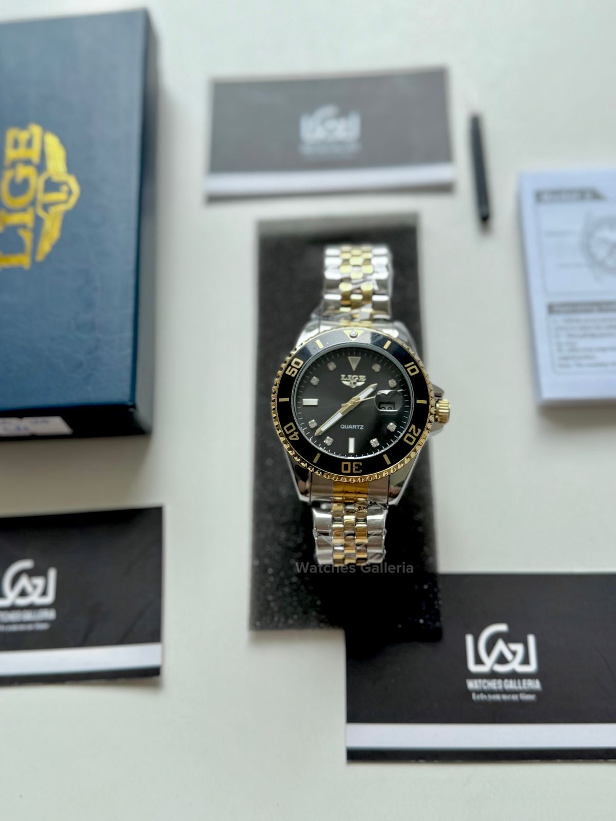 Lige Submariner Quartz (Gold/Black) Lige89151 Watches Galleria