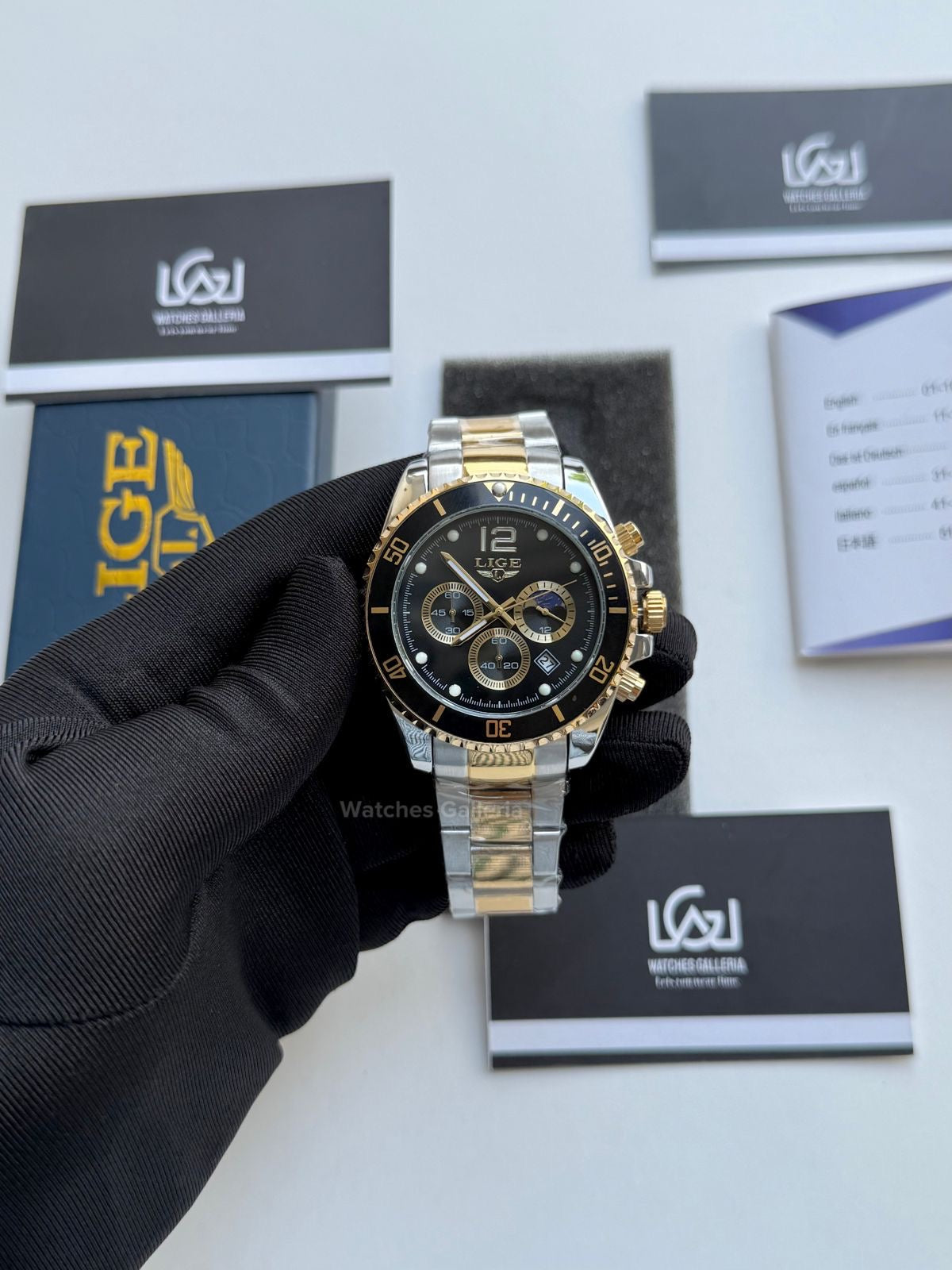 Lige Submariner Chronograph Quartz(Gold Black) Lige8924 Watches Galleria