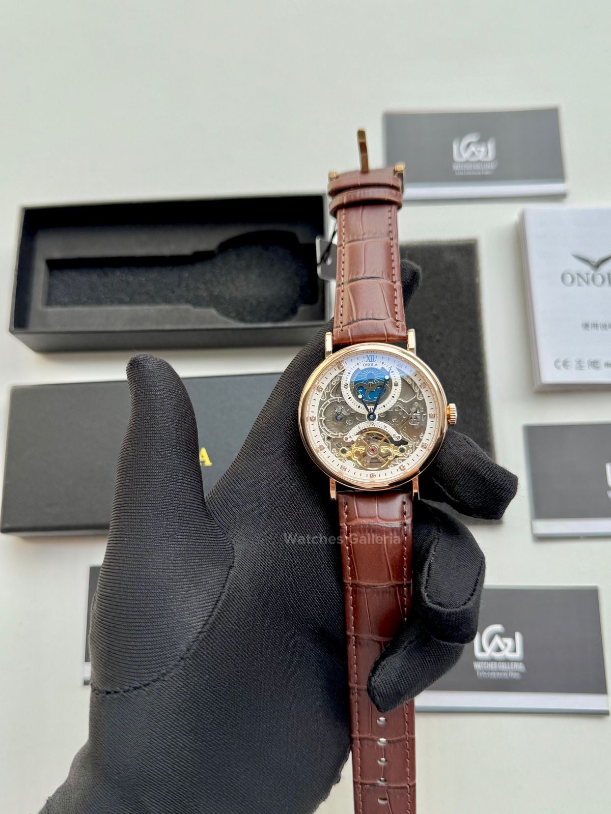 Onola Moonphase Flywheel Skeleton Watch Automatic (Brown-Rose Gold) ON6836 Watches Galleria