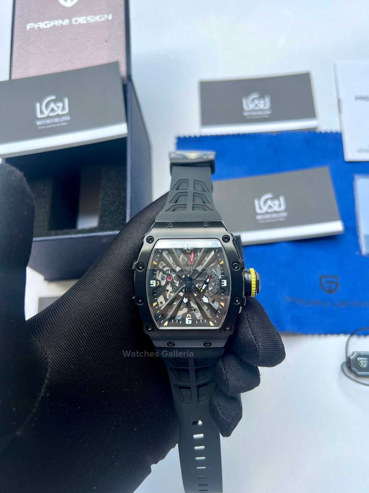 Pagani Design Tonneau Skeleton Watch Quartz (Black Black) PD1738 Watches Galleria