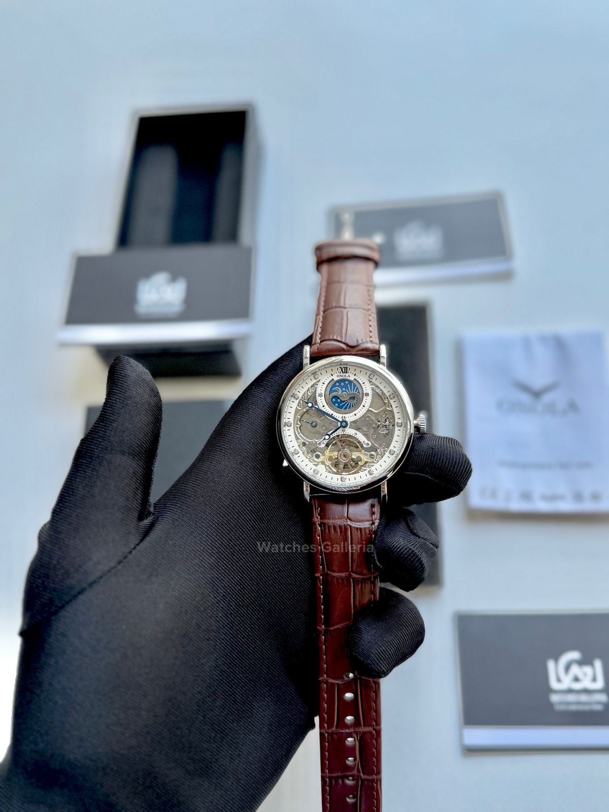 Onola Moonphase Flywheel Skeleton Watch Automatic (Brown-Silver) ON6836 Watches Galleria