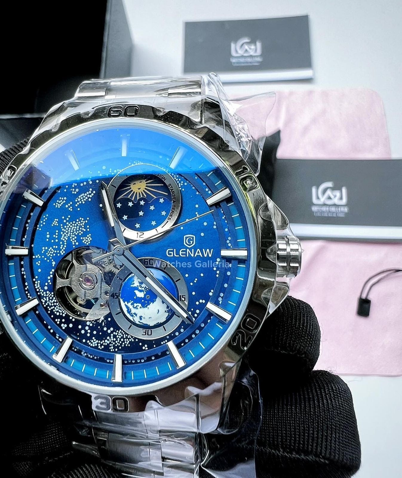 Glenaw Automatic Open Heart & Earth Rotating (Silver) GL8950 Watches Galleria