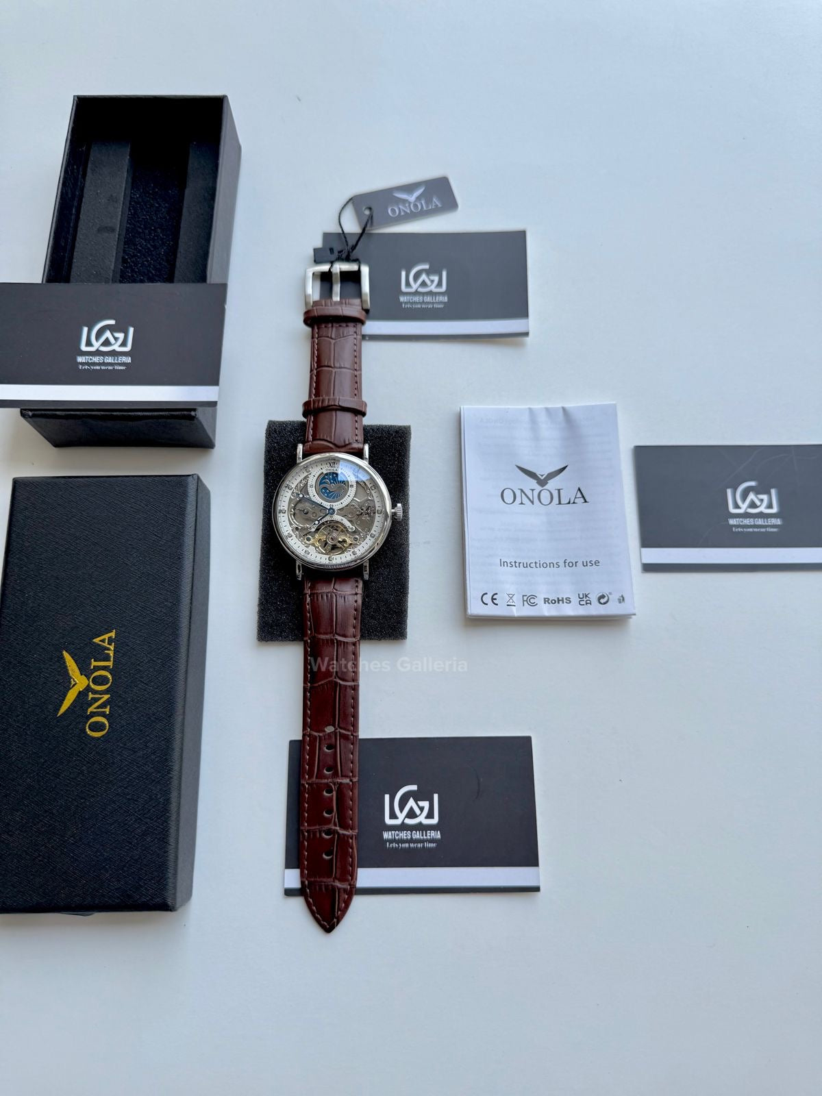 Onola Moonphase Flywheel Skeleton Watch Automatic (Brown-Silver) ON6836 Watches Galleria