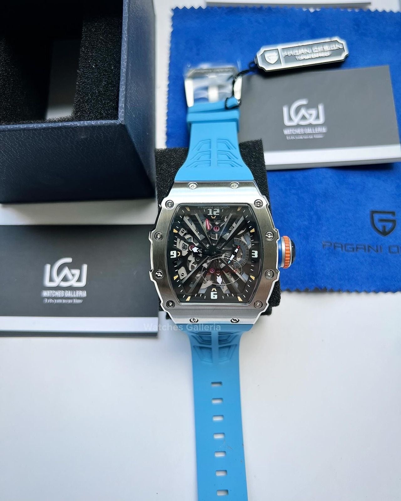 Pagani Design Tonneau Skeleton Watch Quartz (Blue Silver) PD1738 Watches Galleria