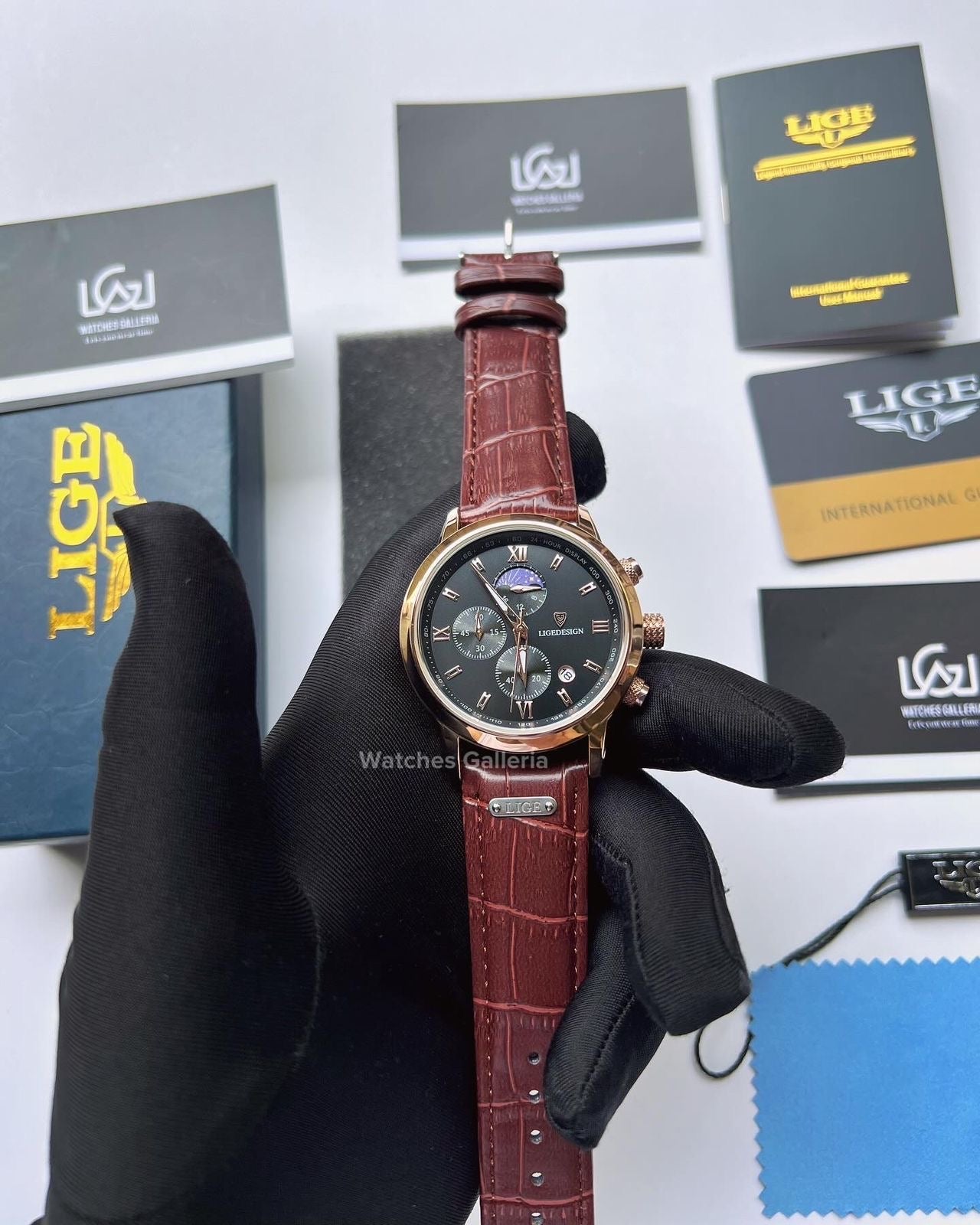 Lige Moonphase Watch (Rose Gold Black) LG8953 Watches Galleria