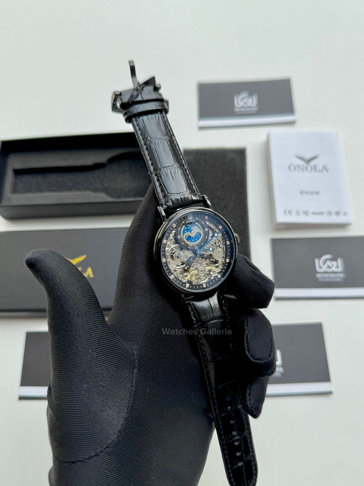 Onola Moonphase Flywheel Skeleton Watch Automatic (Black) ON6836 Watches Galleria