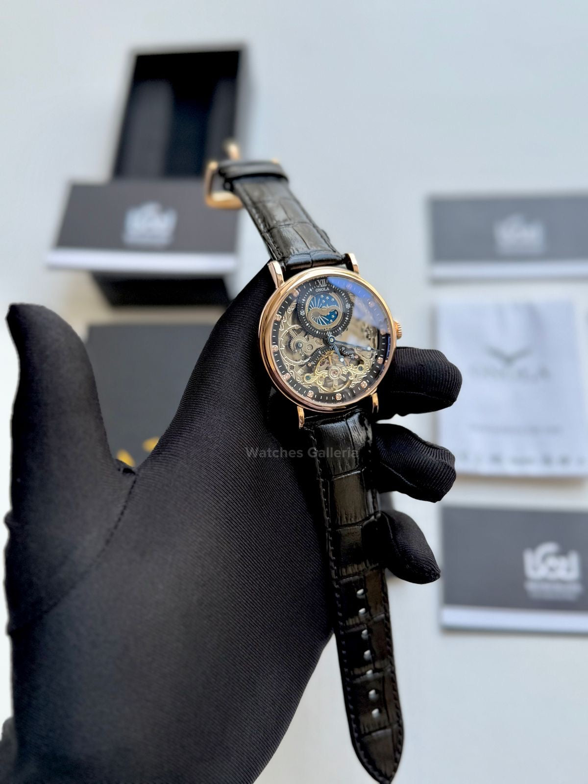 Onola Moonphase Flywheel Skeleton Watch Automatic (Black-Rose Gold) ON6836 Watches Galleria