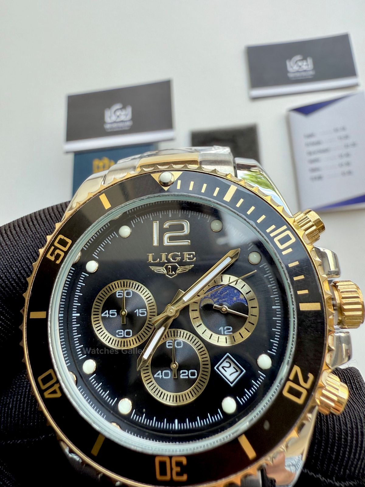 Lige Submariner Chronograph Quartz(Gold Black) Lige8924 Watches Galleria