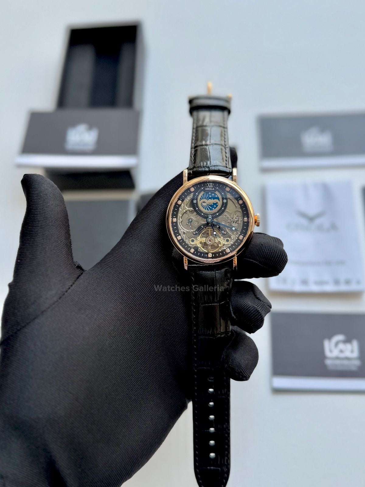 Onola Moonphase Flywheel Skeleton Watch Automatic (Black-Rose Gold) ON6836 Watches Galleria