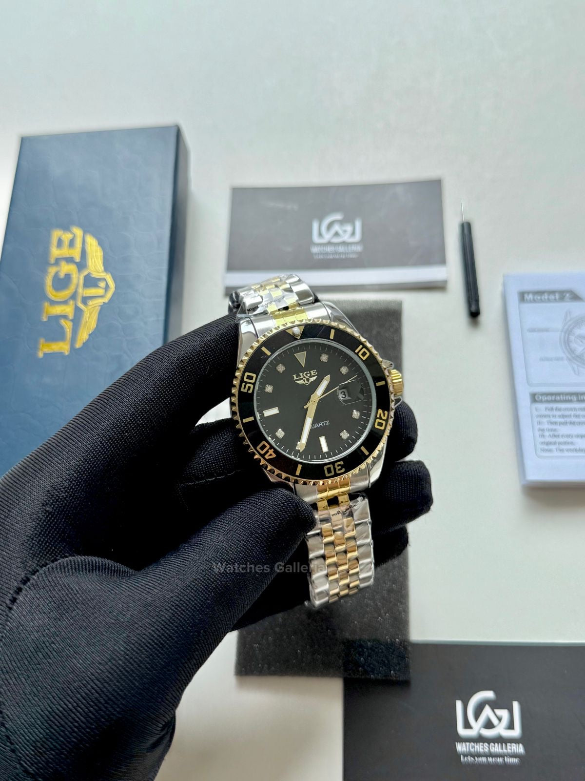 Lige Submariner Quartz (Gold/Black) Lige89151 Watches Galleria
