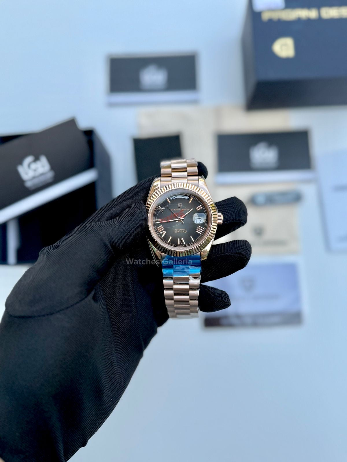 Pagani Design Date Day Automatic (Rose Gold w/ Slate Ombre Dial) PD1783 Watches Galleria