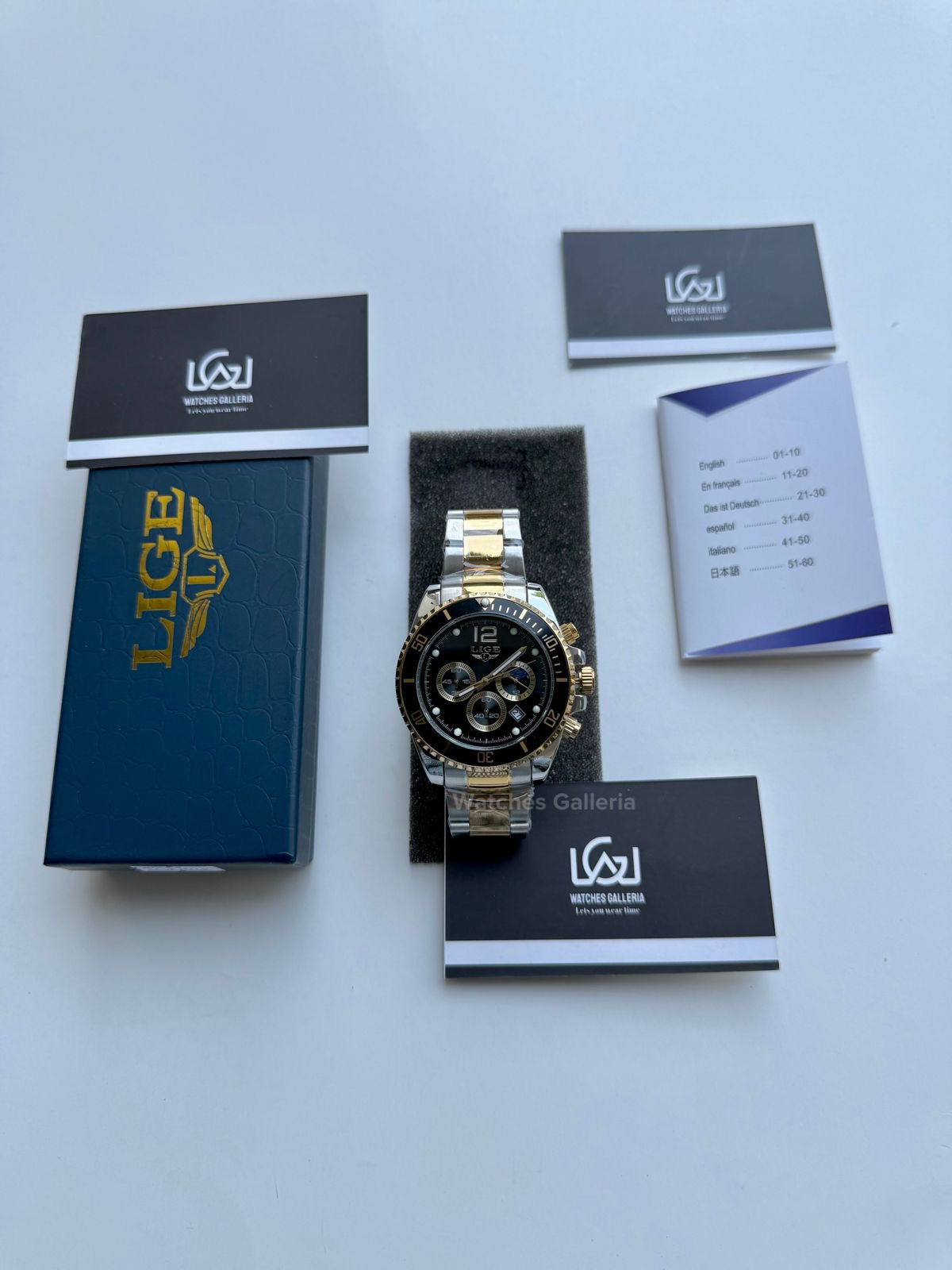 Lige Submariner Chronograph Quartz(Gold Black) Lige8924 Watches Galleria