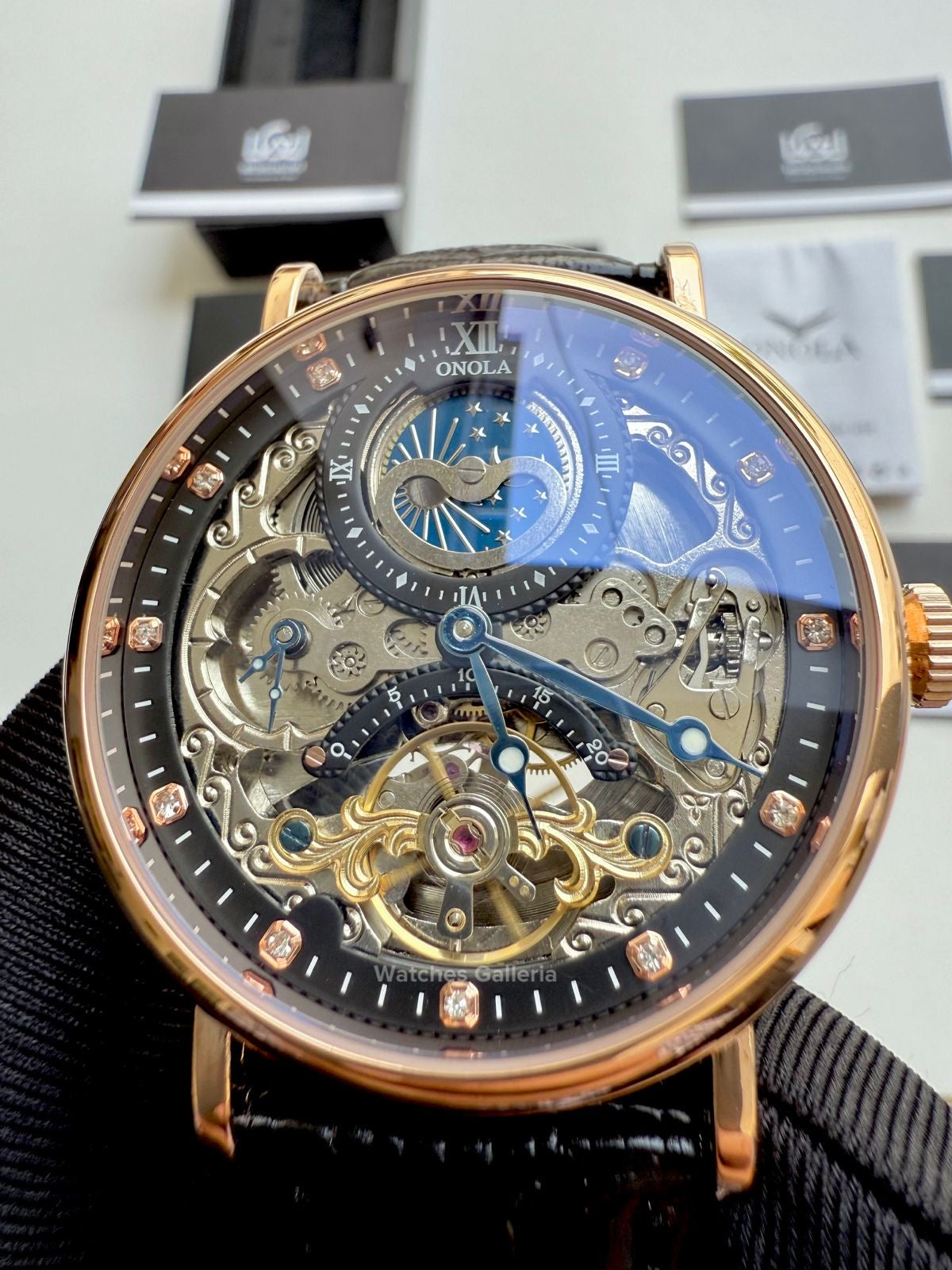 Onola Moonphase Flywheel Skeleton Watch Automatic (Black-Rose Gold) ON6836 Watches Galleria