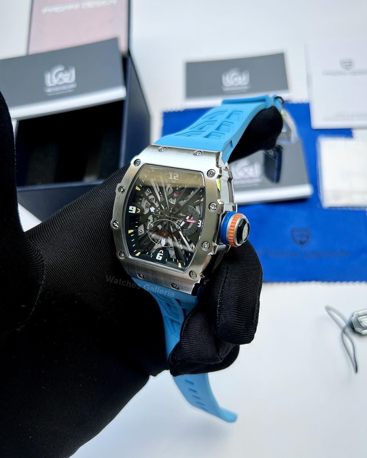 Pagani Design Tonneau Skeleton Watch Quartz (Blue Silver) PD1738 Watches Galleria