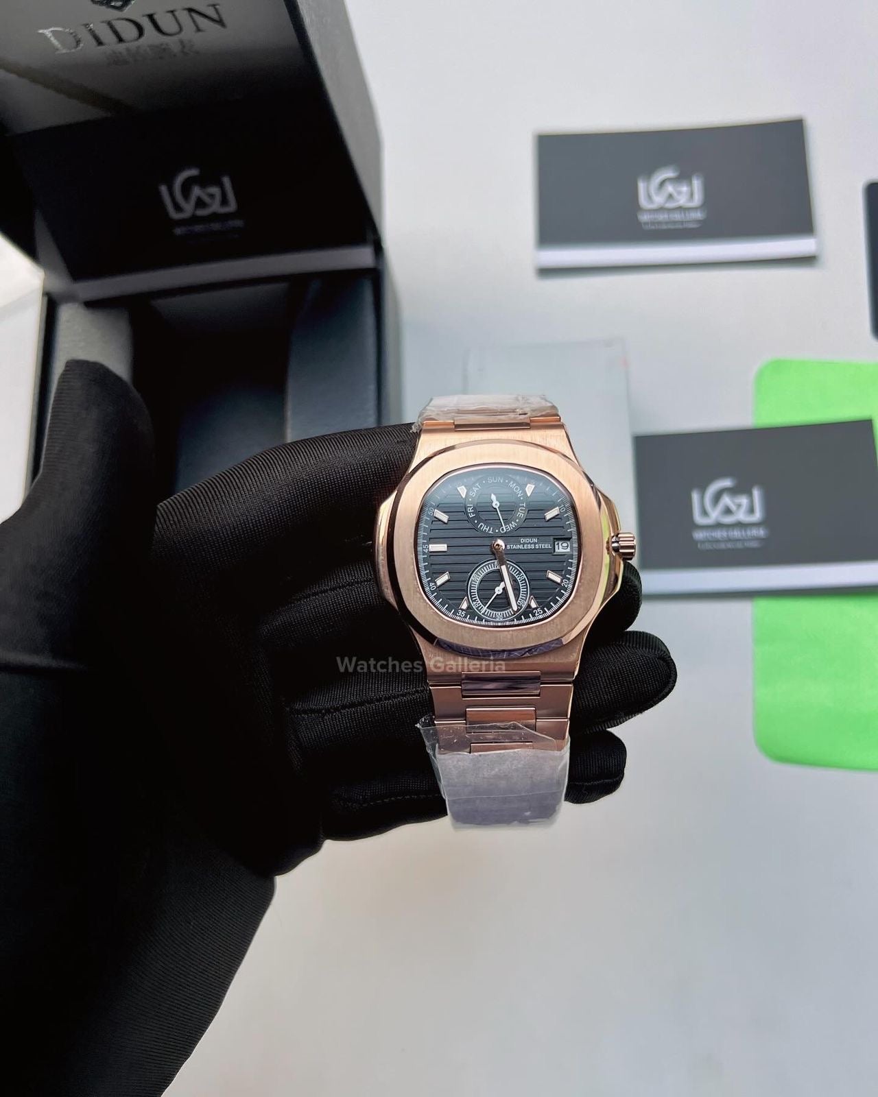 Didun Nautilus Date Day Quartz (Rose Gold w/ Black) PD49 Watches Galleria