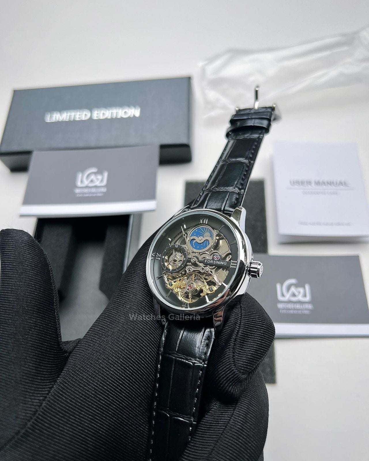 Forsining Moonphase Skeleton Automatic Watch (Silver/Black) FS112