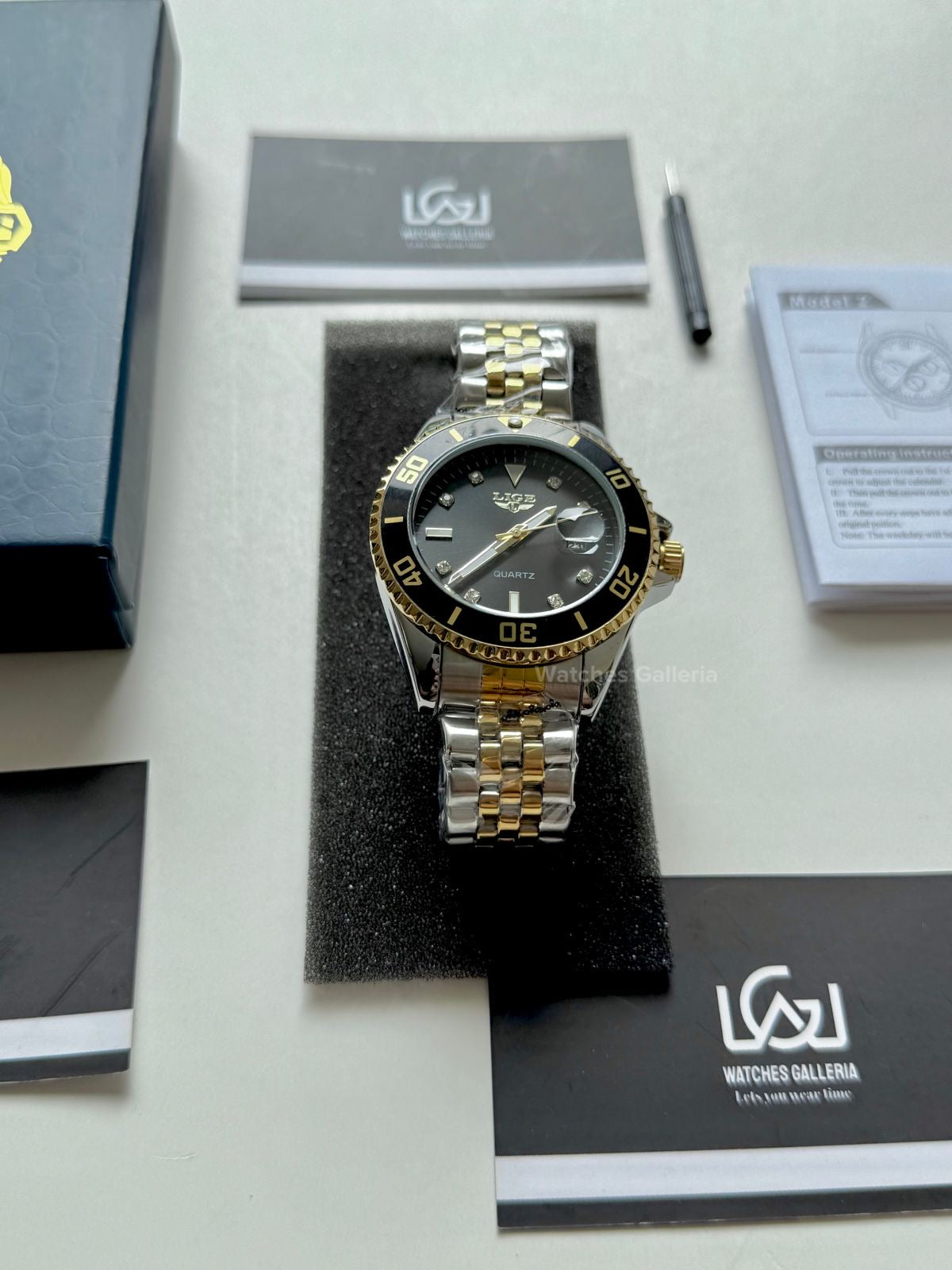 Lige Submariner Quartz (Gold/Black) Lige89151 Watches Galleria