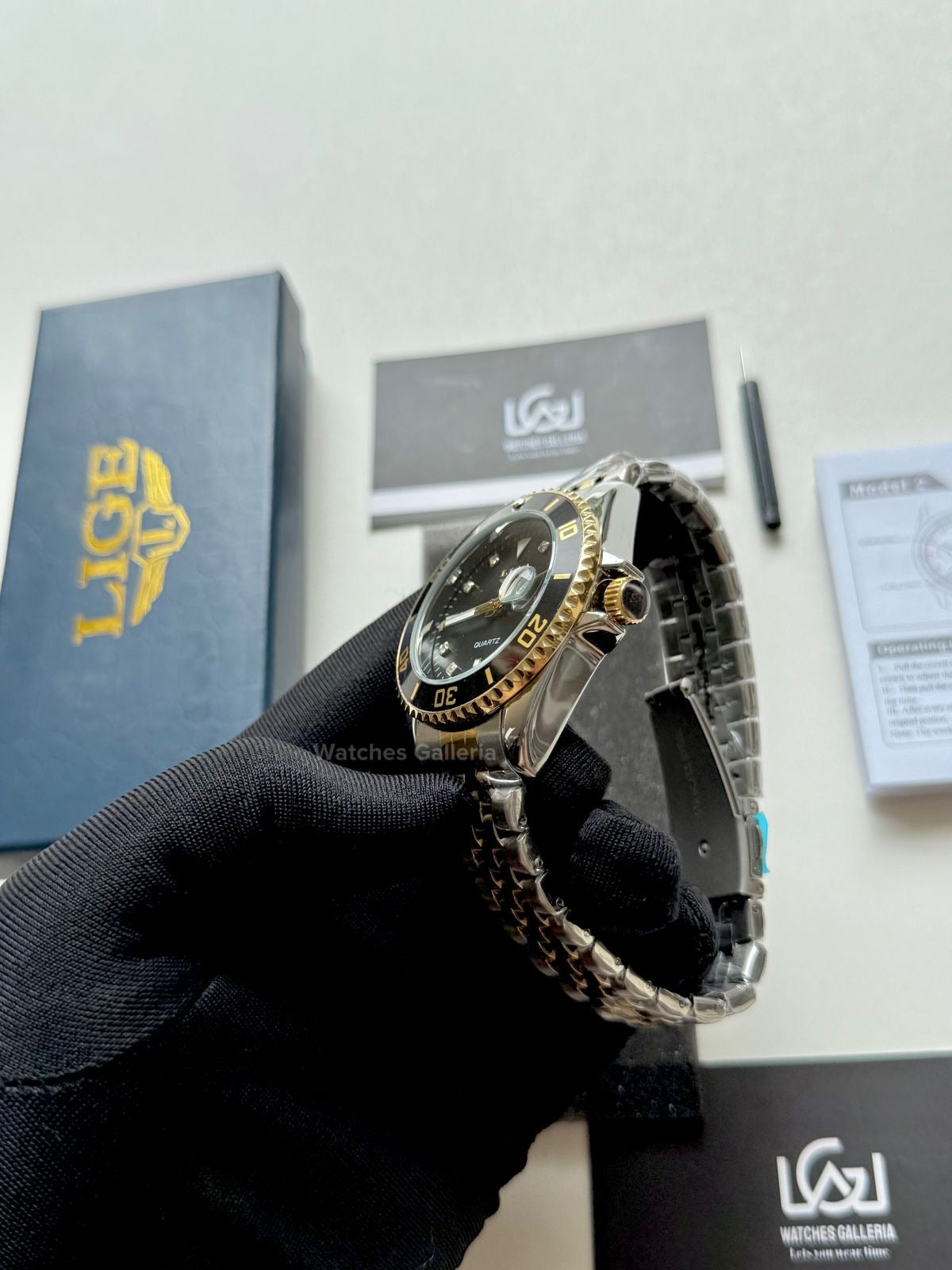 Lige Submariner Quartz (Gold/Black) Lige89151 Watches Galleria