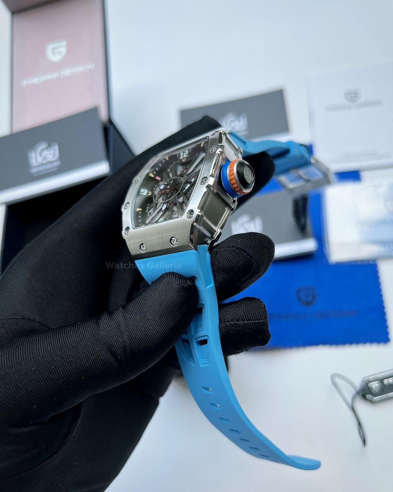 Pagani Design Tonneau Skeleton Watch Quartz (Blue Silver) PD1738 Watches Galleria