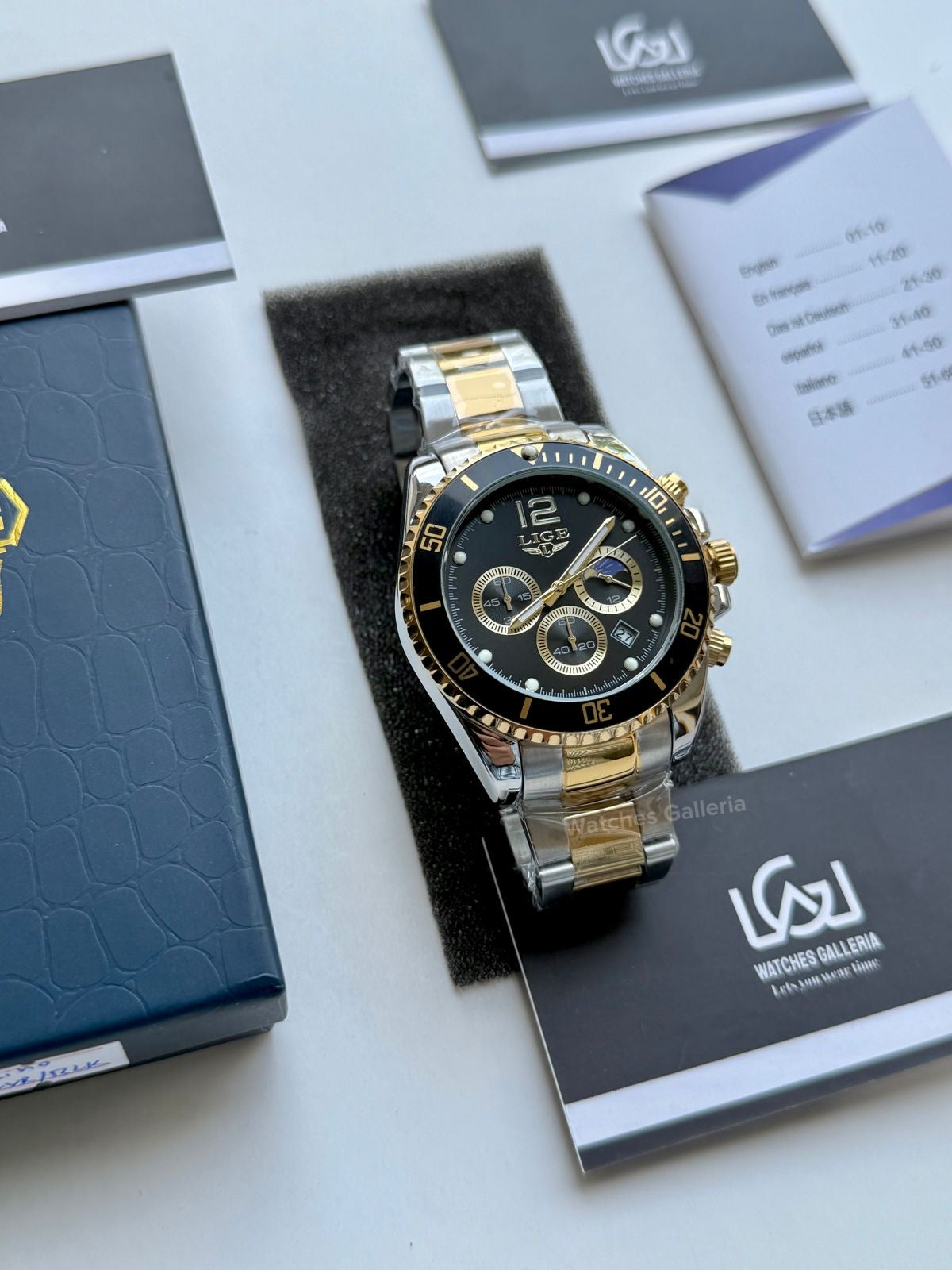 Lige Submariner Chronograph Quartz(Gold Black) Lige8924 Watches Galleria