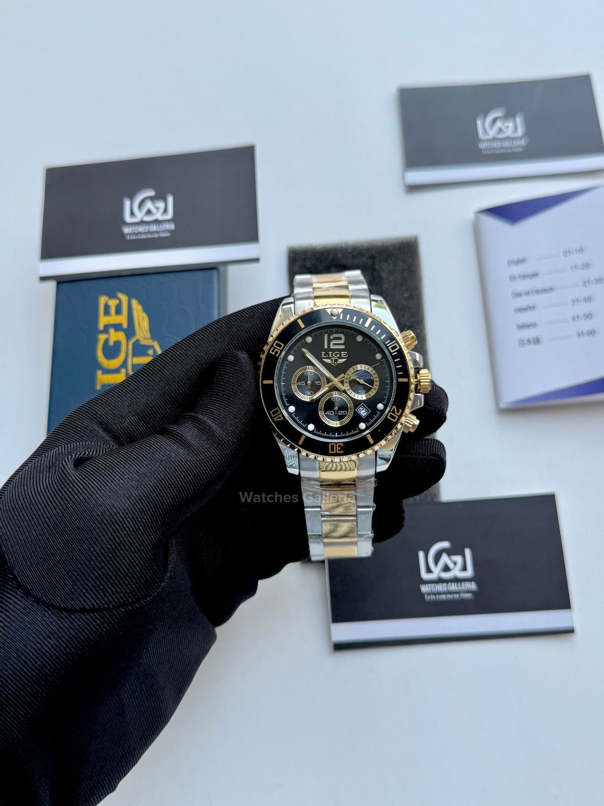 Lige Submariner Chronograph Quartz(Gold Black) Lige8924 Watches Galleria