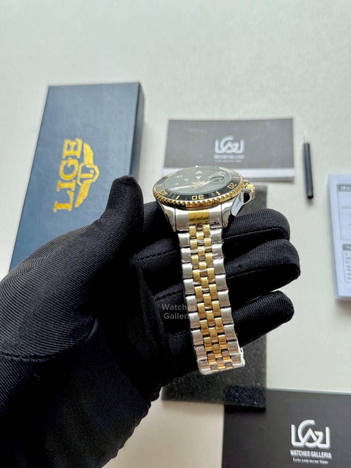 Lige Submariner Quartz (Gold/Black) Lige89151 Watches Galleria