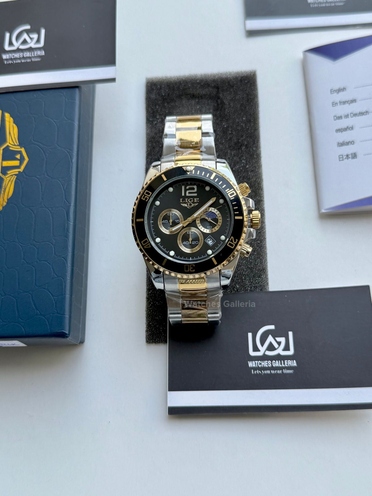 Lige Submariner Chronograph Quartz(Gold Black) Lige8924 Watches Galleria