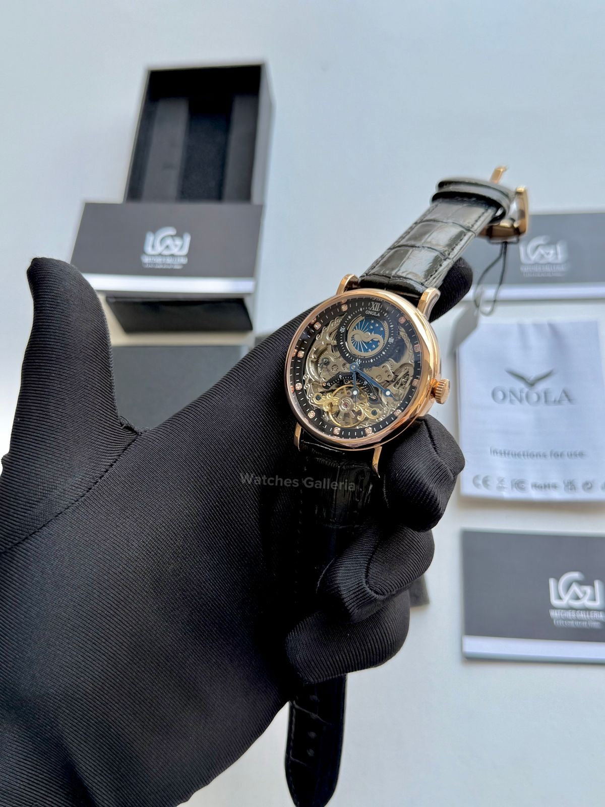 Onola Moonphase Flywheel Skeleton Watch Automatic (Black-Rose Gold) ON6836 Watches Galleria
