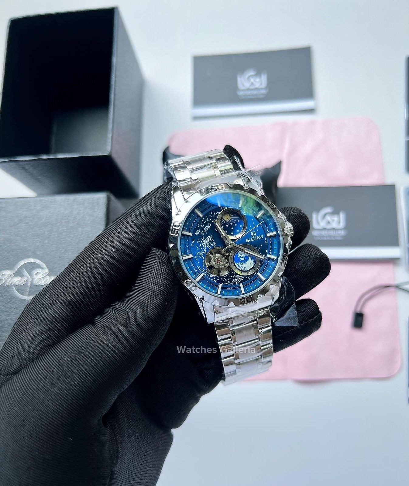 Glenaw Automatic Open Heart & Earth Rotating (Silver) GL8950 Watches Galleria
