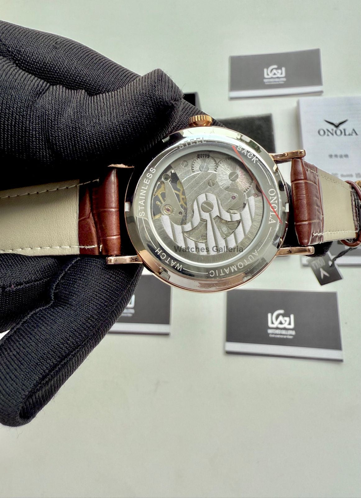 Onola Moonphase Flywheel Skeleton Watch Automatic (Brown-Rose Gold) ON6836 Watches Galleria