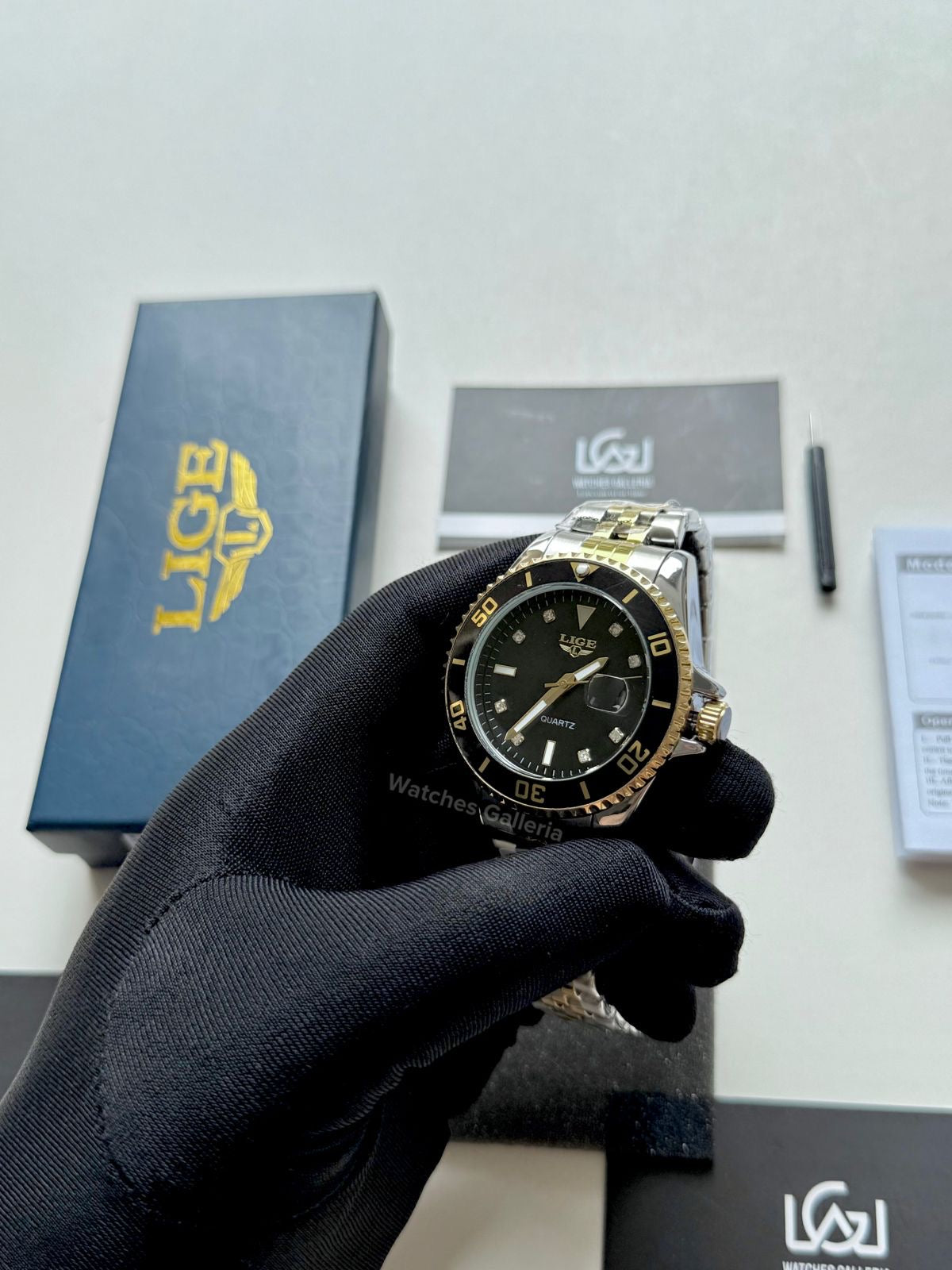 Lige Submariner Quartz (Gold/Black) Lige89151 Watches Galleria
