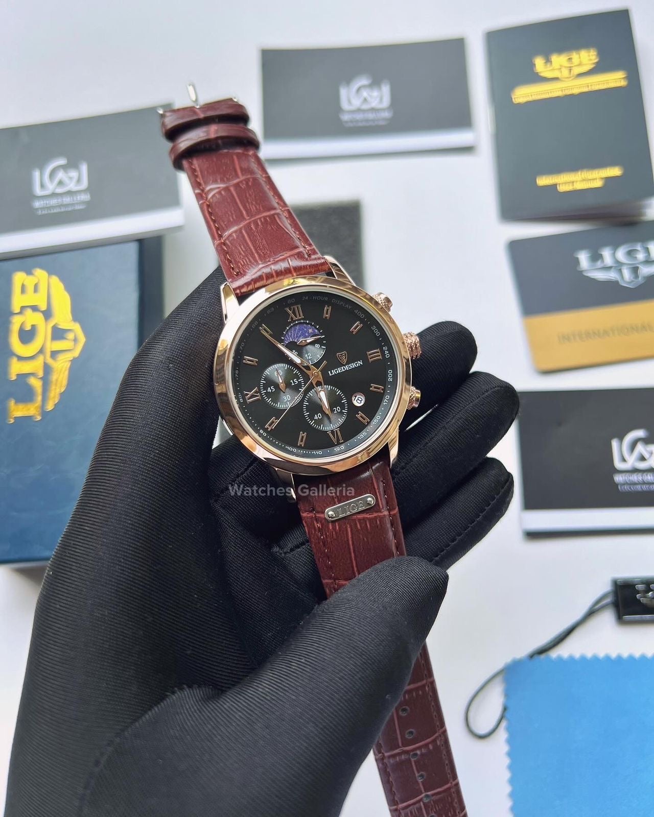 Lige Moonphase Watch (Rose Gold Black) LG8953 Watches Galleria
