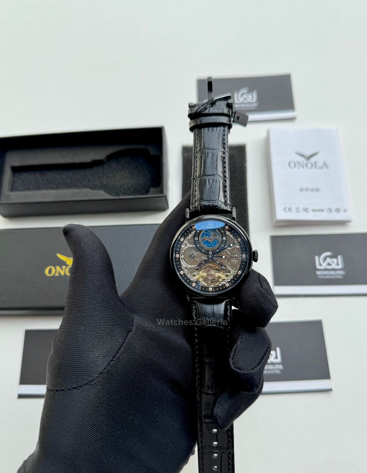 Onola Moonphase Flywheel Skeleton Watch Automatic (Black) ON6836 Watches Galleria