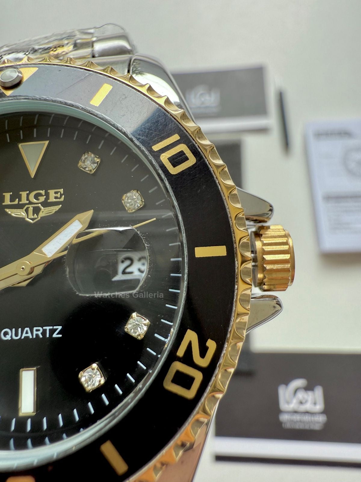 Lige Submariner Quartz (Gold/Black) Lige89151 Watches Galleria