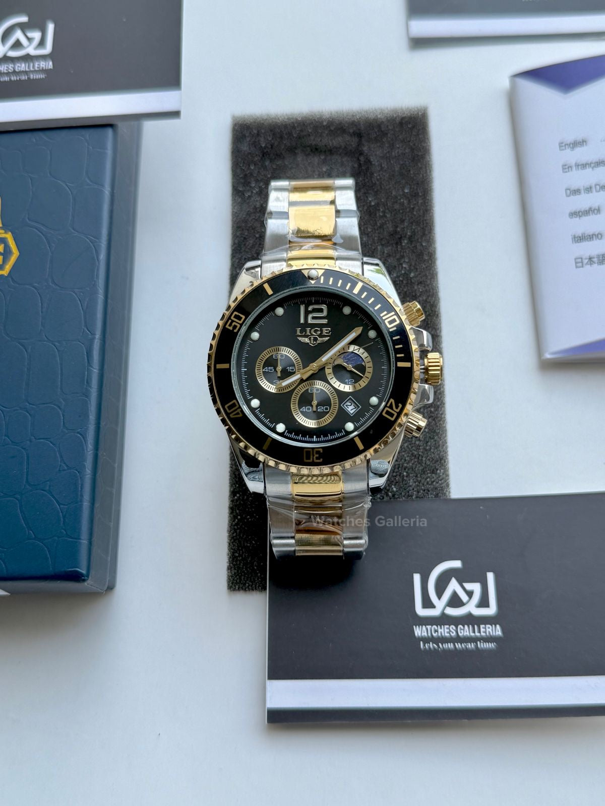 Lige Submariner Chronograph Quartz(Gold Black) Lige8924 Watches Galleria