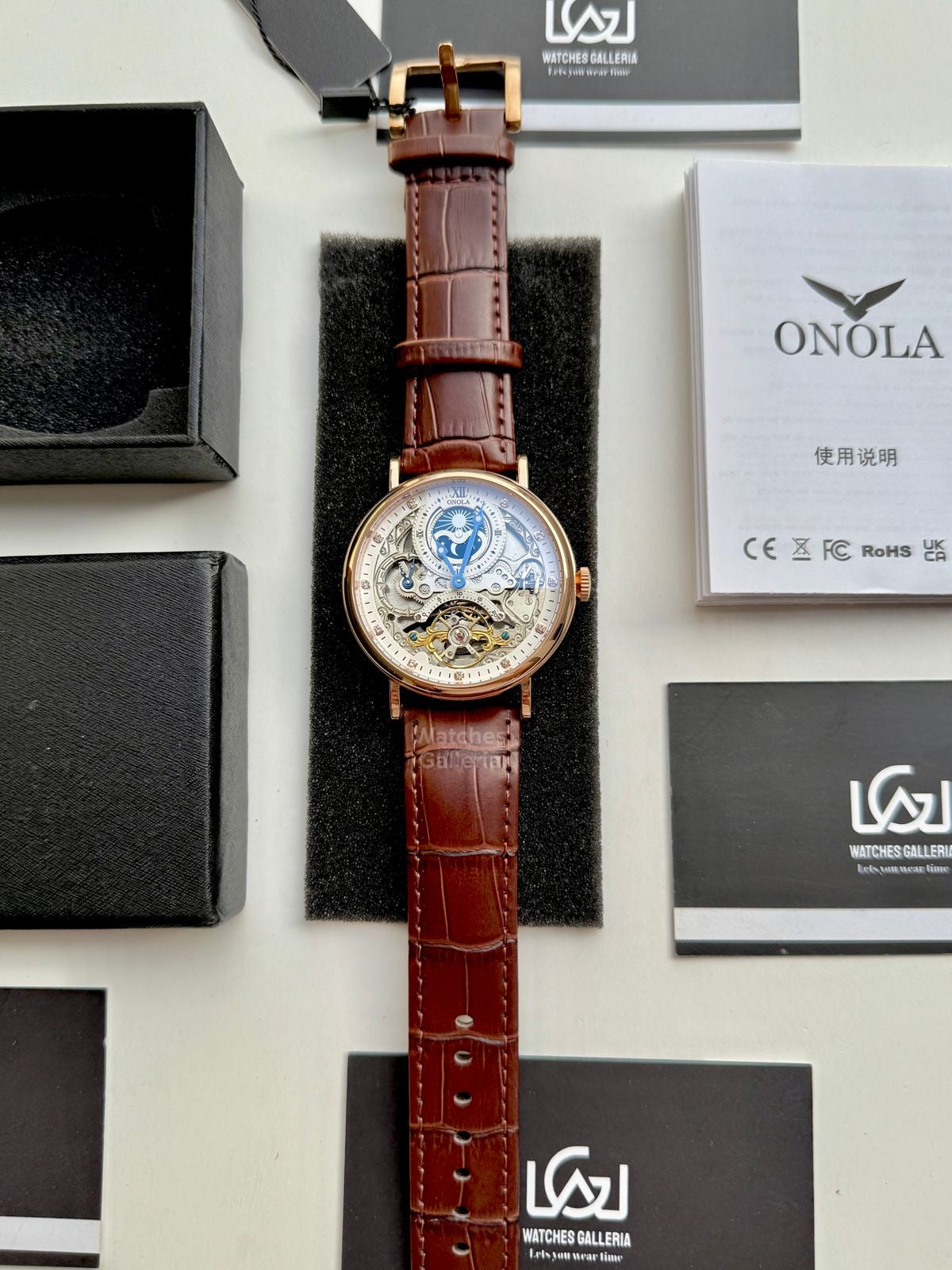 Onola Moonphase Flywheel Skeleton Watch Automatic (Brown-Rose Gold) ON6836 Watches Galleria