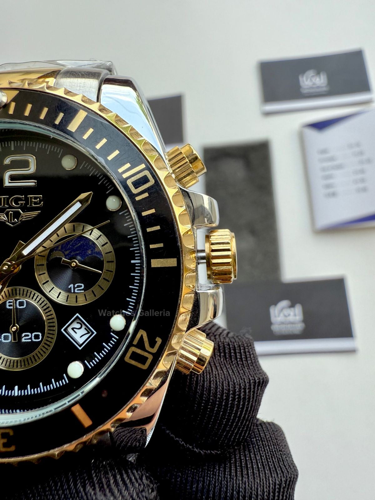 Lige Submariner Chronograph Quartz(Gold Black) Lige8924 Watches Galleria