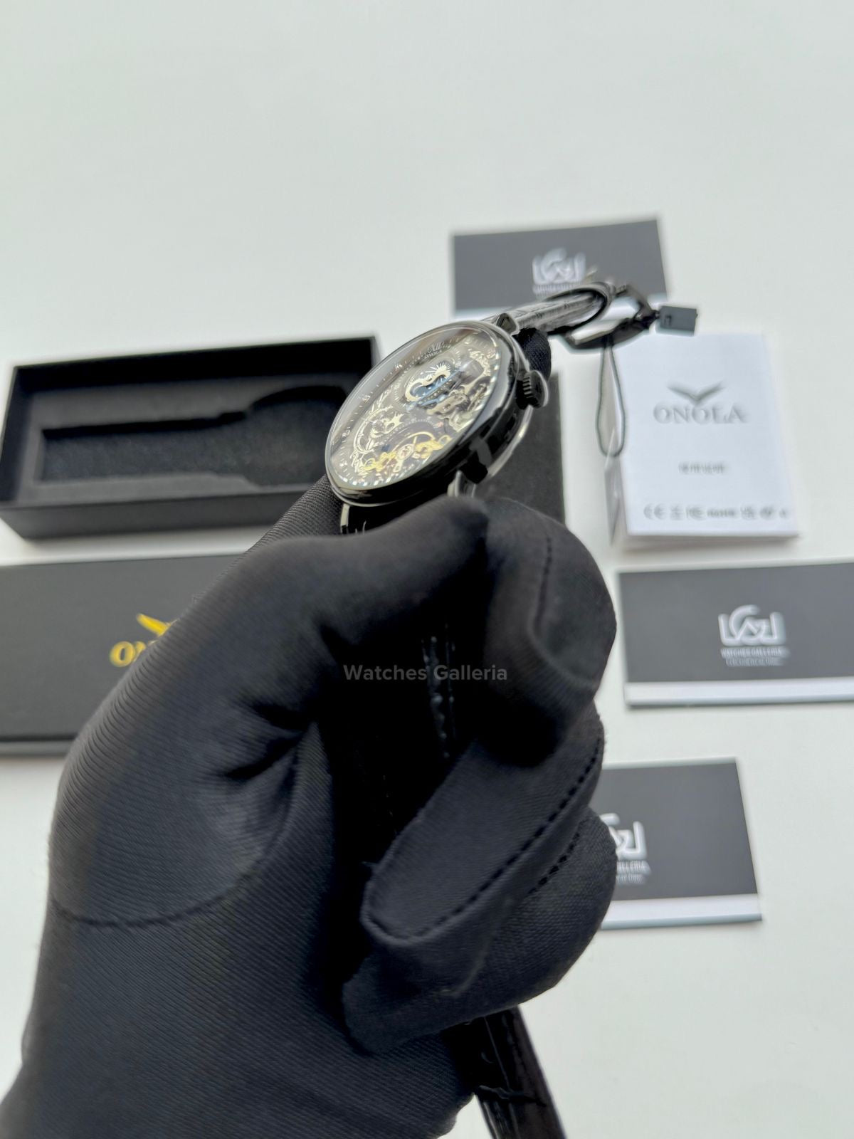 Onola Moonphase Flywheel Skeleton Watch Automatic (Black) ON6836 Watches Galleria