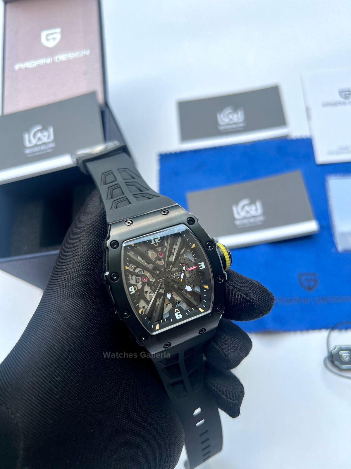 Pagani Design Tonneau Skeleton Watch Quartz (Black Black) PD1738 Watches Galleria
