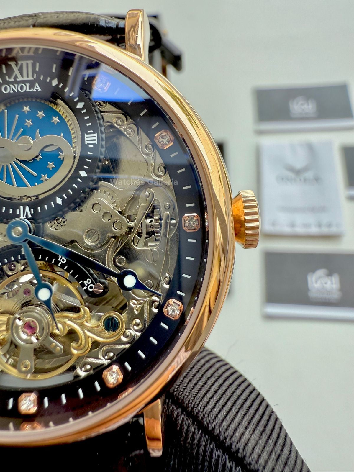 Onola Moonphase Flywheel Skeleton Watch Automatic (Black-Rose Gold) ON6836 Watches Galleria