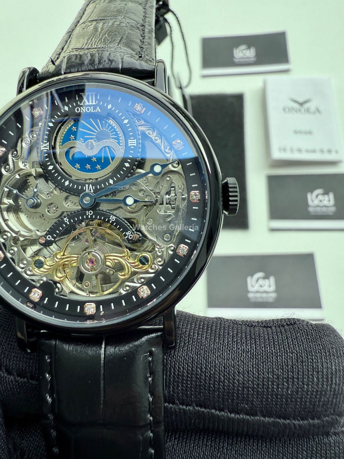 Onola Moonphase Flywheel Skeleton Watch Automatic (Black) ON6836 Watches Galleria