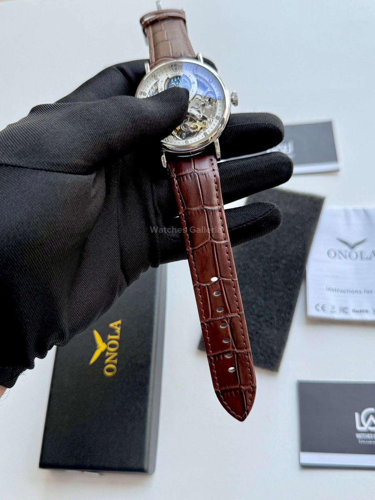 Onola Moonphase Flywheel Skeleton Watch Automatic (Brown-Silver) ON6836 Watches Galleria