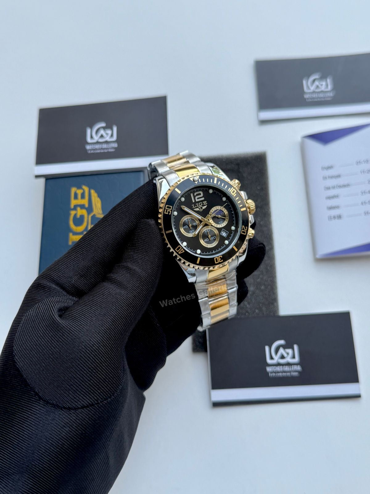 Lige Submariner Chronograph Quartz(Gold Black) Lige8924 Watches Galleria