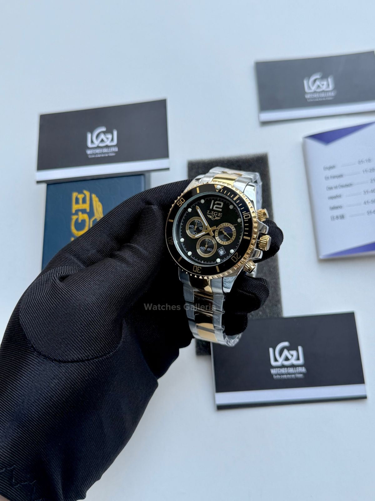 Lige Submariner Chronograph Quartz(Gold Black) Lige8924 Watches Galleria