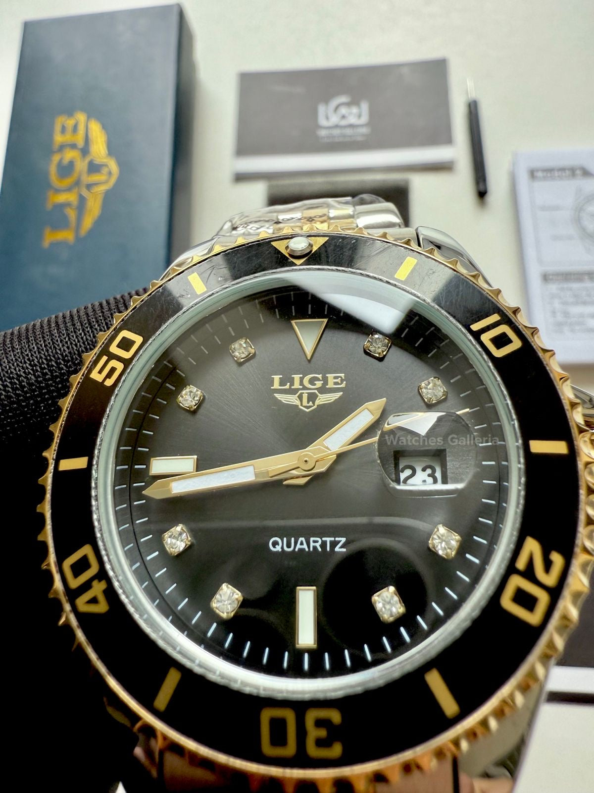 Lige Submariner Quartz (Gold/Black) Lige89151 Watches Galleria