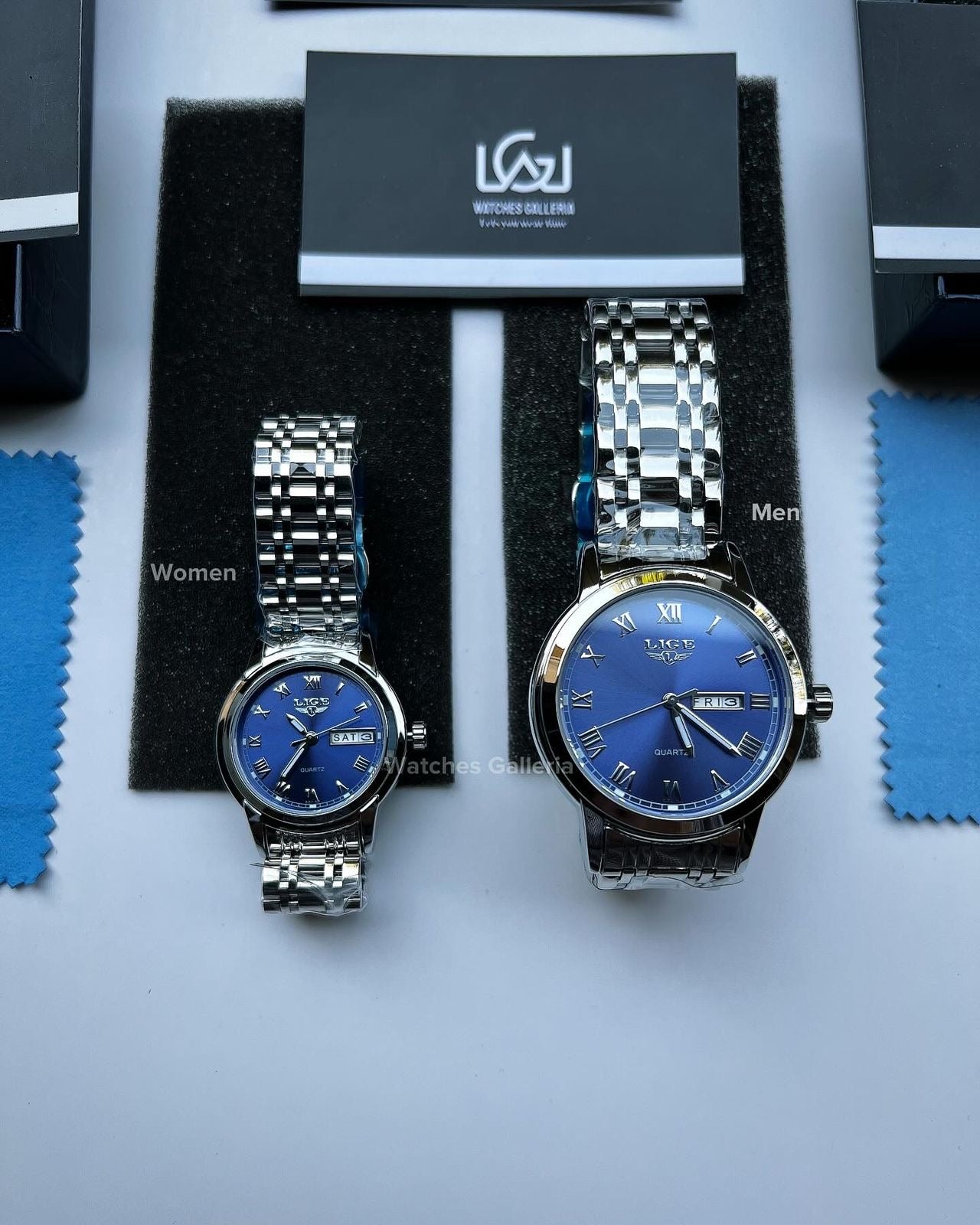 Lige Date Day Couple Watch (Silver/Blue) Lige9846 Lige10007