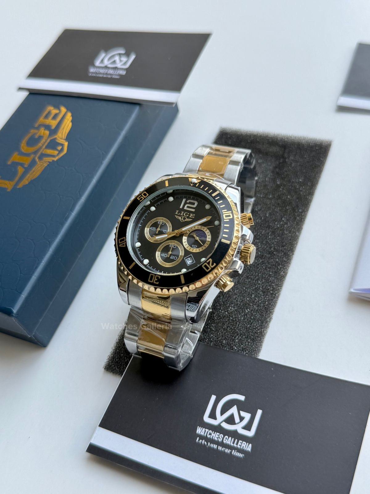 Lige Submariner Chronograph Quartz(Gold Black) Lige8924 Watches Galleria