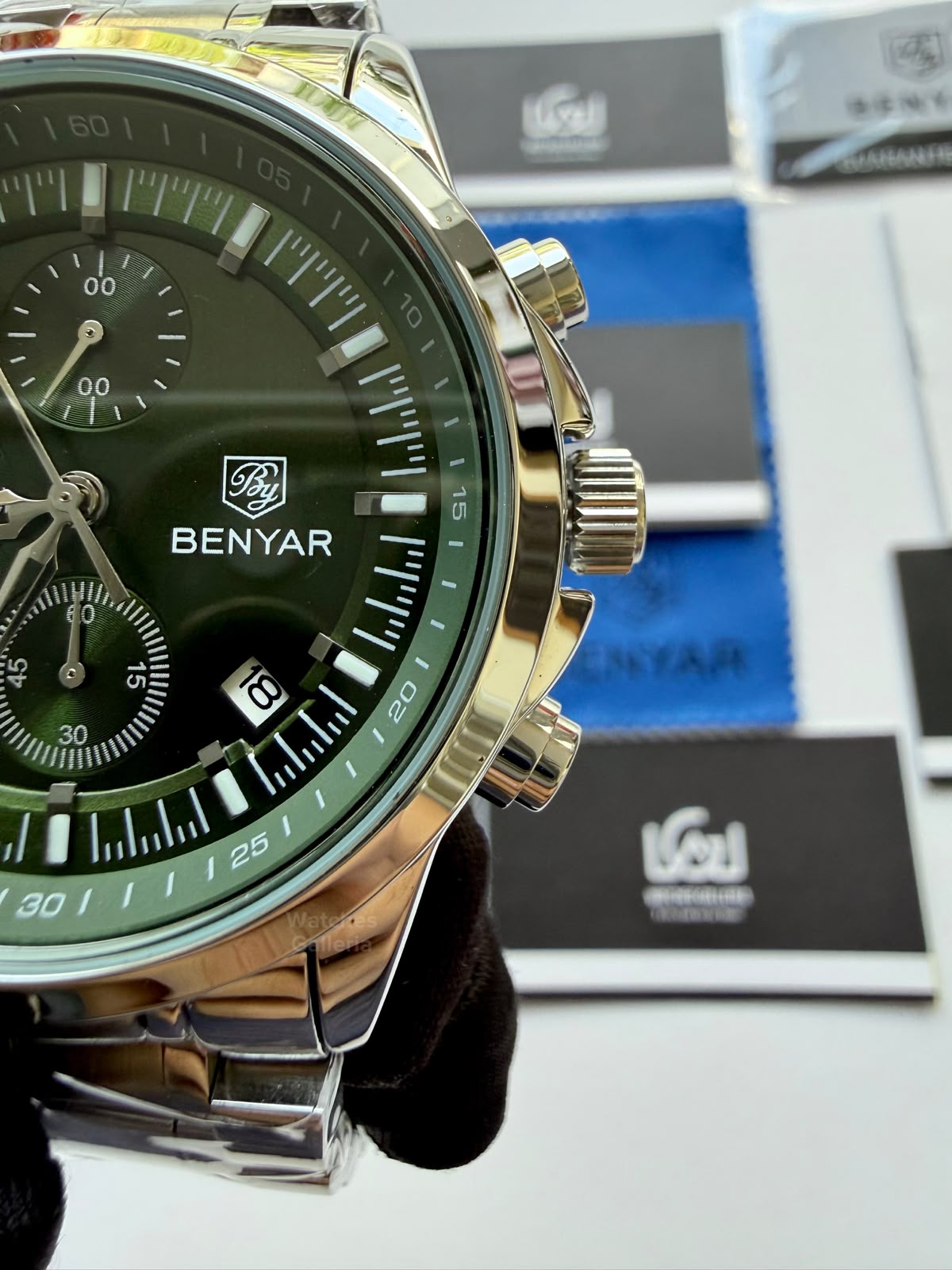 Benyar BY5210 (Green SS) Pilot Chronograph Green Dial Stainless Steel Watch – 42mm Quartz Chronograph with Date, Complete Calendar & Stopwatch
